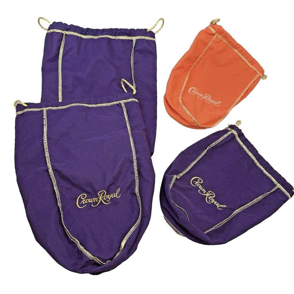 Lot of 4 Crown Royal Drawstring Distillery Bags Orange Purple Gold Trims EUC